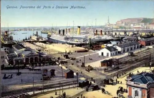 Ak Genova Genua Liguria, Panorama del Porto e Stazione Marittima.