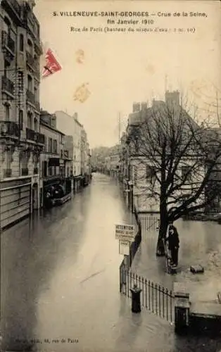 Ak Villeneuve Saint Georges Val de Marne, Rue de Paris, hauteur du niveau d'eau