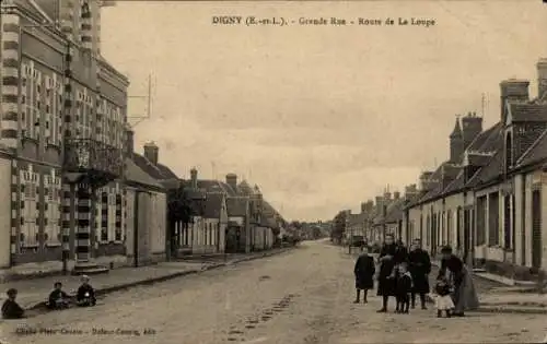 Ak Digny Eure et Loir, Grande Rue, Route de La Loupe