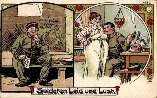 Ak Soldaten Leid und Lust, Soldatenliebe, Liebespaar, Trauriger Soldat