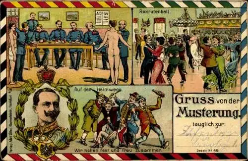 Ak Musterung, Rekrutenball, Heimweg, Kaiser Wilhelm II.