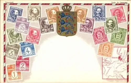 Briefmarken Wappen Ak Dänemark, Krone, Landkarte