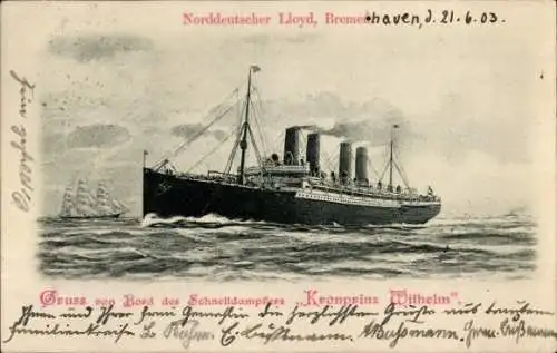 Künstler Ak Schnelldampfer Kronprinz Wilhelm, Norddeutscher Lloyd Bremen, Segelschiff