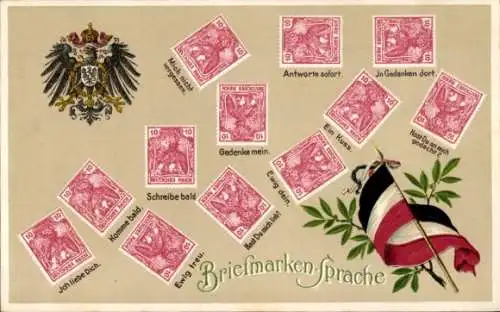 Präge Briefmarken Litho Briefmarkensprache, Ein Kuss, in Gedanken dort