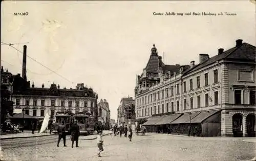 Ak Malmö Schweden, Straßenpartie, Theater, Straßenbahnen