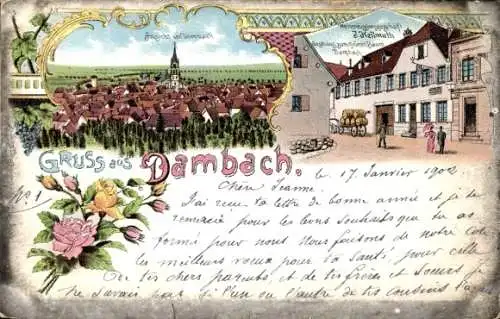 Litho Dambach la Ville Dammbach Elsass Bas Rhin, Weinkommissionsgeschäft J. Hellmuth, Gasthaus