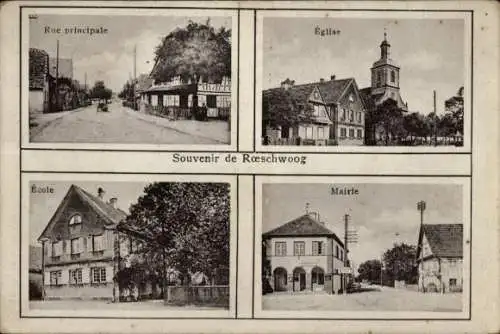 Ak Röschwoog Haut Rhin, Rue principale, Eglise, Ecole, Mairie