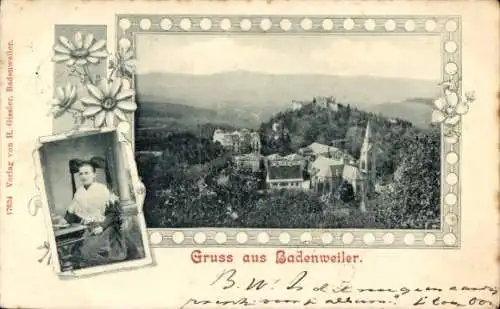 Passepartout Ak Badenweiler im Schwarzwald, Panorama, Frau in Tracht, Hotel Römerbad