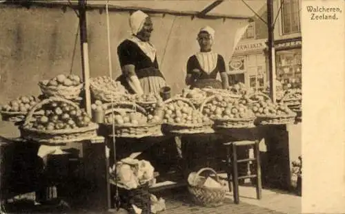 Ak Walcheren Zeeland, Frauen in Tracht, Marktstand