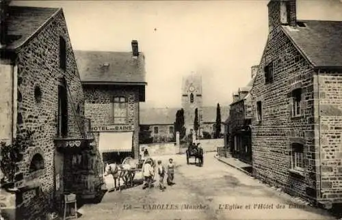 Ak Carolles Plage Jullouville Manche, L'Eglise et l'Hôtel des Bains