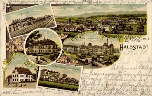 Litho Meziměstí Halbstadt Region Königgrätz, Bahnhof, Spinnerei, Schloss, Bahn-Beamten-Wohnungen