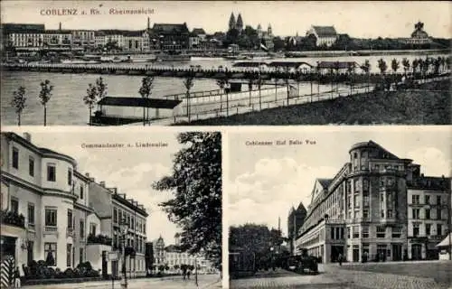 Ak Koblenz am Rhein, Rheinansicht, Kommandantur, Lindenallee, Coblenser Hof Belle Vue