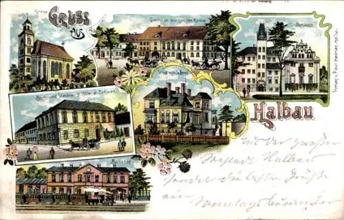 Litho Iłowa Halbau Schlesien, Schloss, Bahnhof, Gasthaus zur goldenen Krone, Kirche