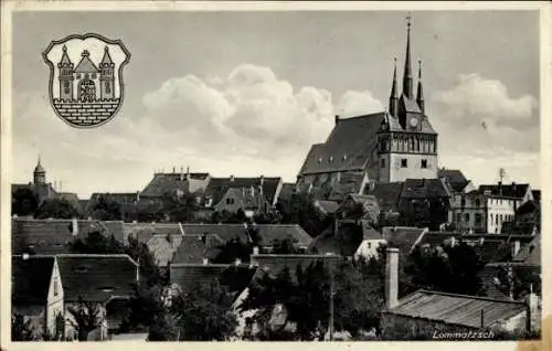 Ak Lommatzsch in Sachsen, Teilansicht, Kirche, Wappen