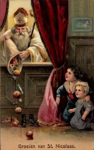 Präge Litho Frohe Weihnachten, St. Nikolaus schüttet Geschenke zum Fenster herein, Kinder