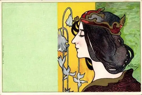 Jugendstil Künstler Ak Portrait einer Frau mit Krone, Blüten