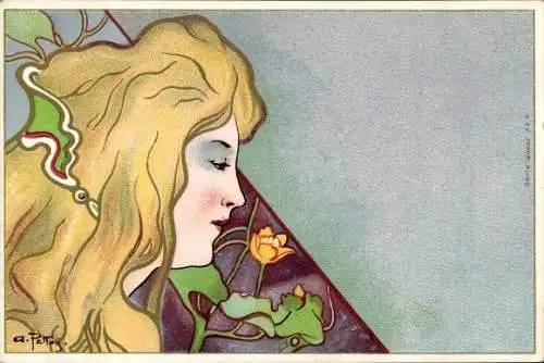 Jugendstil Künstler Ak Pellois, A., Frauenbildnis im Profil, Blume