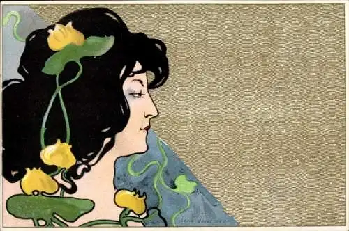 Jugendstil Künstler Ak Porträt einer Frau mit schwarzen Haaren, Blumen