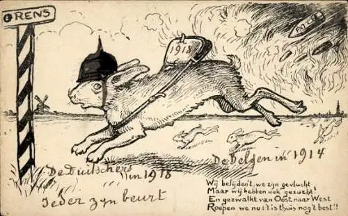 Ak Karikatur Belgien 1918, Hase mit Pickelhaube flieht über die Grenze, deutscher Rückzug, 1. WK