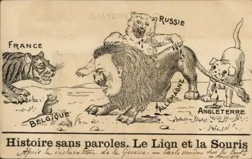 Ak Der Löwe und die Maus, Kaiser Wilhelm II., Belgien, Russland, Frankreich, Russland, England