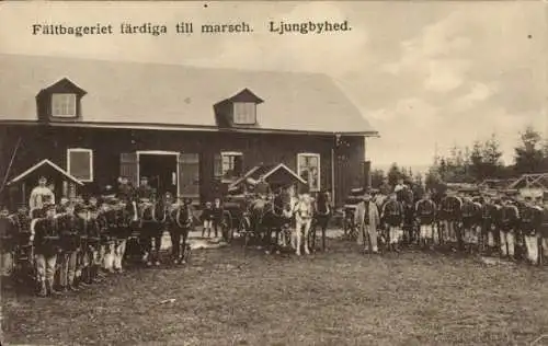 Ak Ljungbyhed Schweden, schwedische Armee, Feldbäckerei fertig zum Marsch