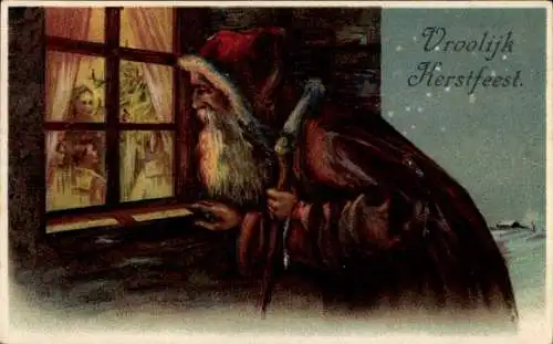 Präge Litho Frohe Weihnachten, Weihnachtsmann schaut durchs Fenster