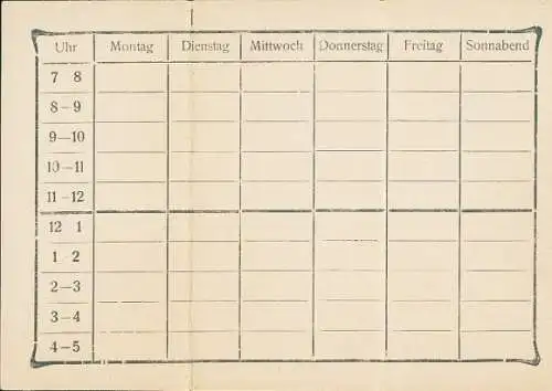 Klapp Stundenplan einer Schule mit Uhrzeiten und Wochentagen