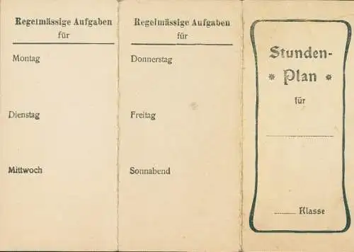 Klapp Stundenplan einer Schule mit Uhrzeiten und Wochentagen