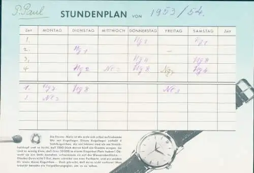 Stundenplan von 1953/54. Eterna-Matic Werbung, Lorenz Wuria, Uhrmacher, Bregenz