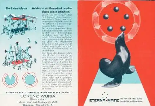 Stundenplan von 1953/54. Eterna-Matic Werbung, Lorenz Wuria, Uhrmacher, Bregenz