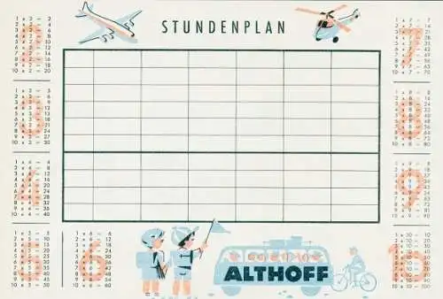 Stundenplan, Verkehrserziehung, Reklame Althoff, Flugzeug Hubschrauber, Auto, Jungen und Mädchen