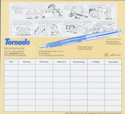 Stundenplan Werbung, Schulfüller Tornado, Herlitz, Comic, Disney, Donald Duck