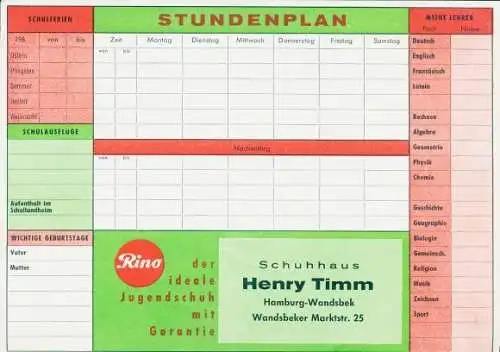 Stundenplan Werbung, Schuhhaus Henry Timm, Rino, Winter-Olympiade 1960, Squaw-Valley