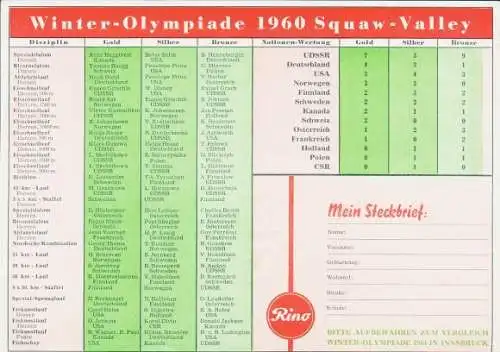 Stundenplan Werbung, Schuhhaus Henry Timm, Rino, Winter-Olympiade 1960, Squaw-Valley