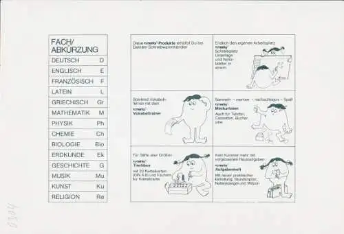 Stundenplan mit Männchen die verschiedene Schulfächer darstellen, Reklame Merky