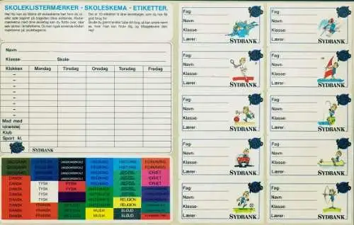 Stundenplan, Namensetiketten, Reklame Sydbank, Dänemark