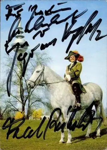 Ak Musiker und Entertainer Fred Reibold, Portrait auf Pferd, Bundesgartenschau 1975, Autogramm