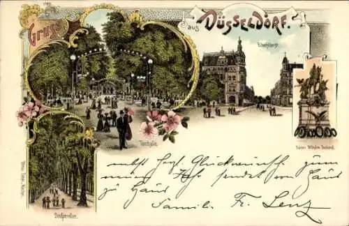 Litho Düsseldorf am Rhein, Elberfelderstrße, Seufzerallee, Tonhalle, Kaiser Wilhelm Denkmal