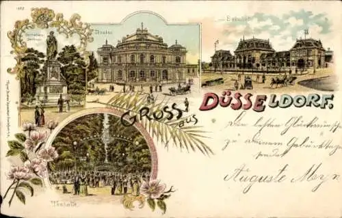 Litho Düsseldorf am Rhein, Tonhalle, Theater, Cornelius Denkmal, Bahnhof