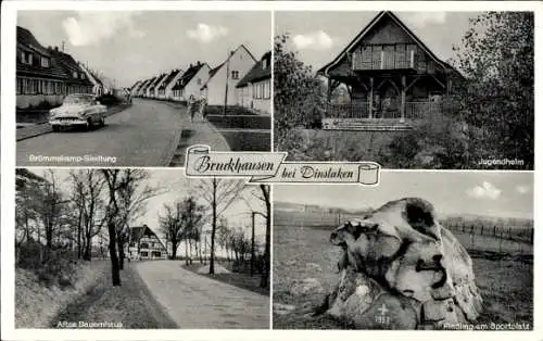 Ak Bruckhausen Hünxe am Niederrhein, Jugendheim, Altes Bauernhaus, Findling Sportplatz