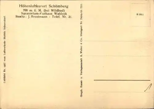 Ak Schömberg im Zollernalbkreis, Fliegeraufnahme, Sanatorium Kurhaus Waldeck, Inh.: J. Brustmann