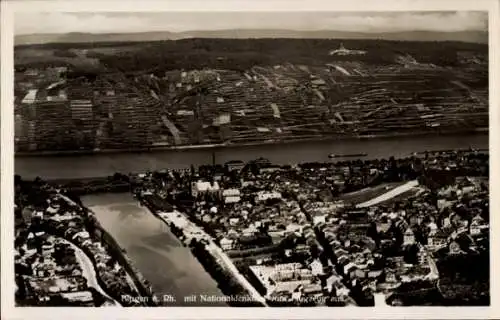 Ak Bingen am Rhein, Bingen am Rhein mit Nationaldenkmal Niederwalddenkmal von Flugzeug aus