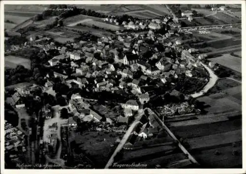 Ak Hofheim in Unterfranken, Turn- u. Sportplatz,  Fliegeraufnahme, Zum stadt Schwimmbad, 300m