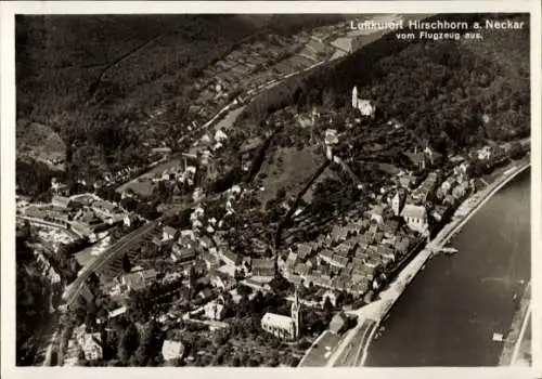 Ak Hirschhorn am Neckar Hessen, Hirschhorn am Neckar vom Flugzeug aus, Neckar, Eisenbahn, Stra...