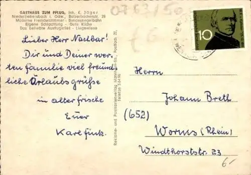 Ak Nieder Liebersbach Birkenau im Odenwald, Gasthaus zum Pflug, Balzerbachstr. 28