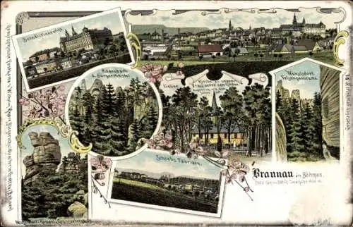 Litho Broumov Braunau Region Königgrätz, Benediktinerstift, Felsen, Fabriken