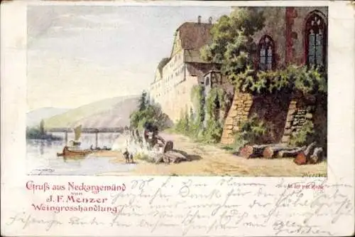 Künstler Ak Neckargemünd in Baden Württemberg, An der prot. Kirche, J. F. Menzer Weingroßhandlung