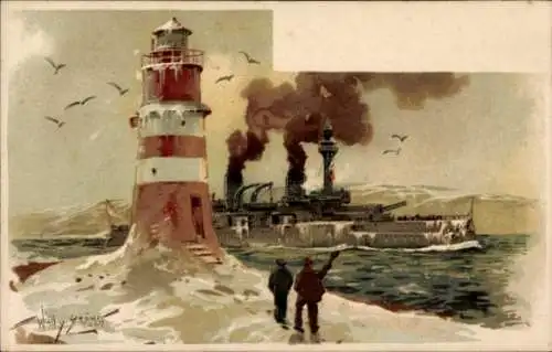 Künstler Litho Stöwer, Willy, Deutsches Kriegsschiff passiert einen Leuchtturm, Winter