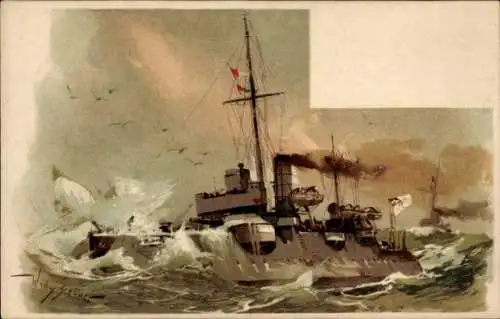 Litho Deutsche Kriegsschiffe, Torpedobootsdivision in der Nordsee, Kaiserliche Marine