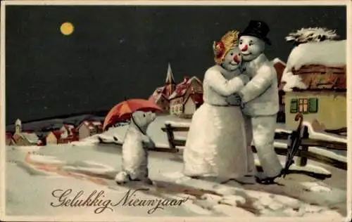 Präge Litho Fröhliches Neujahr, Schneemänner im Mondschein, Hund